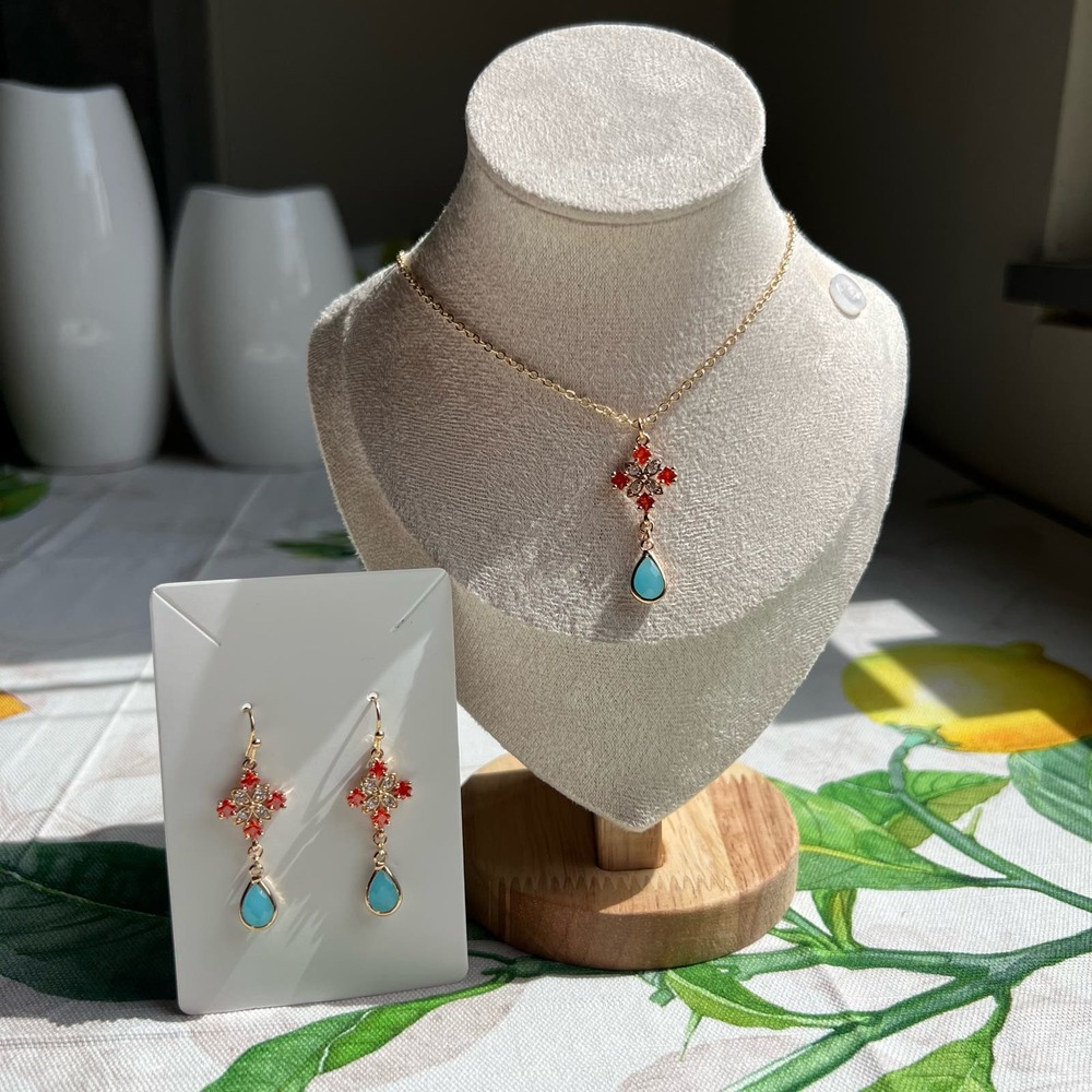 Orange Amber Crystal Turquoise Jewelry Set, Diamond Cross, Teardrop, Casual